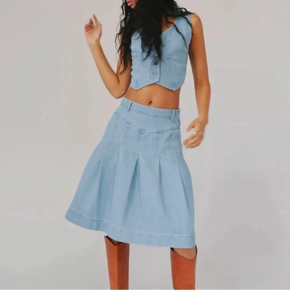 Free People Scout Light Wash Denim Set with Pleated Midi Skirt Size 10